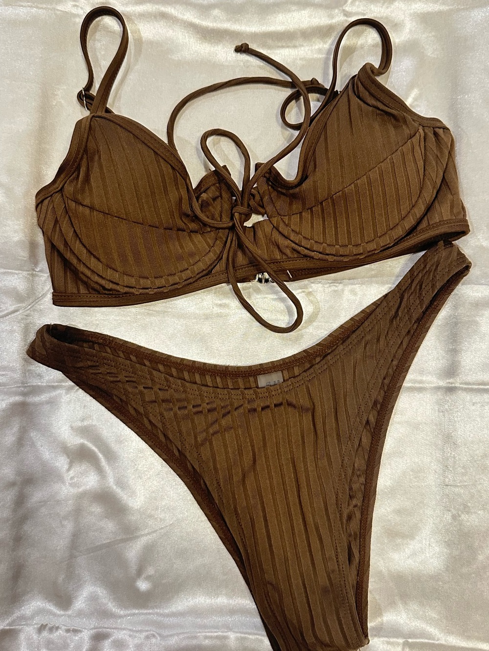SHEIN Brown Ribbed Underwire Bikini Set